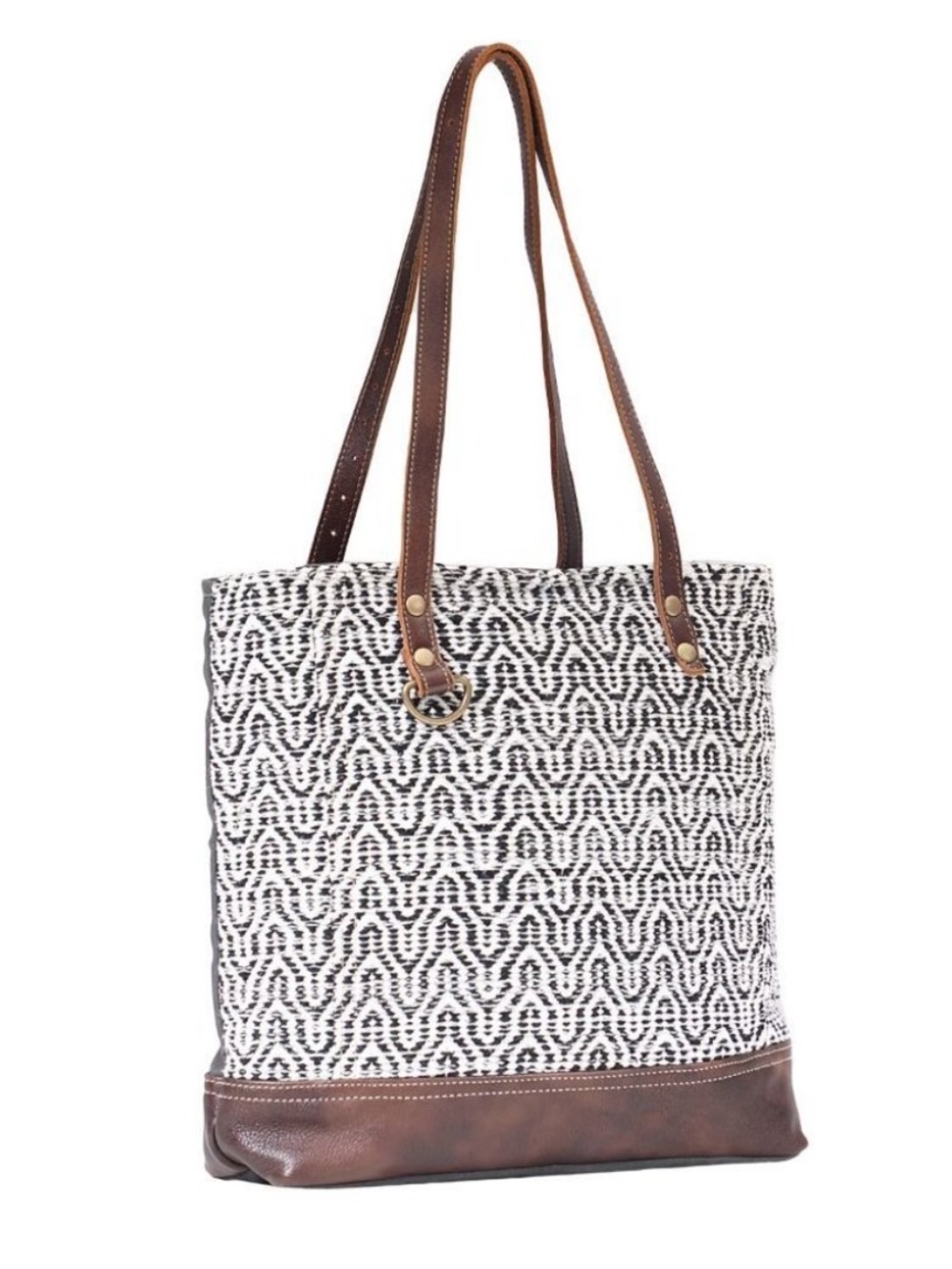 Myra Bags Woven Leather Cotton Jacquard Black White Brown Blissy upcycled tote